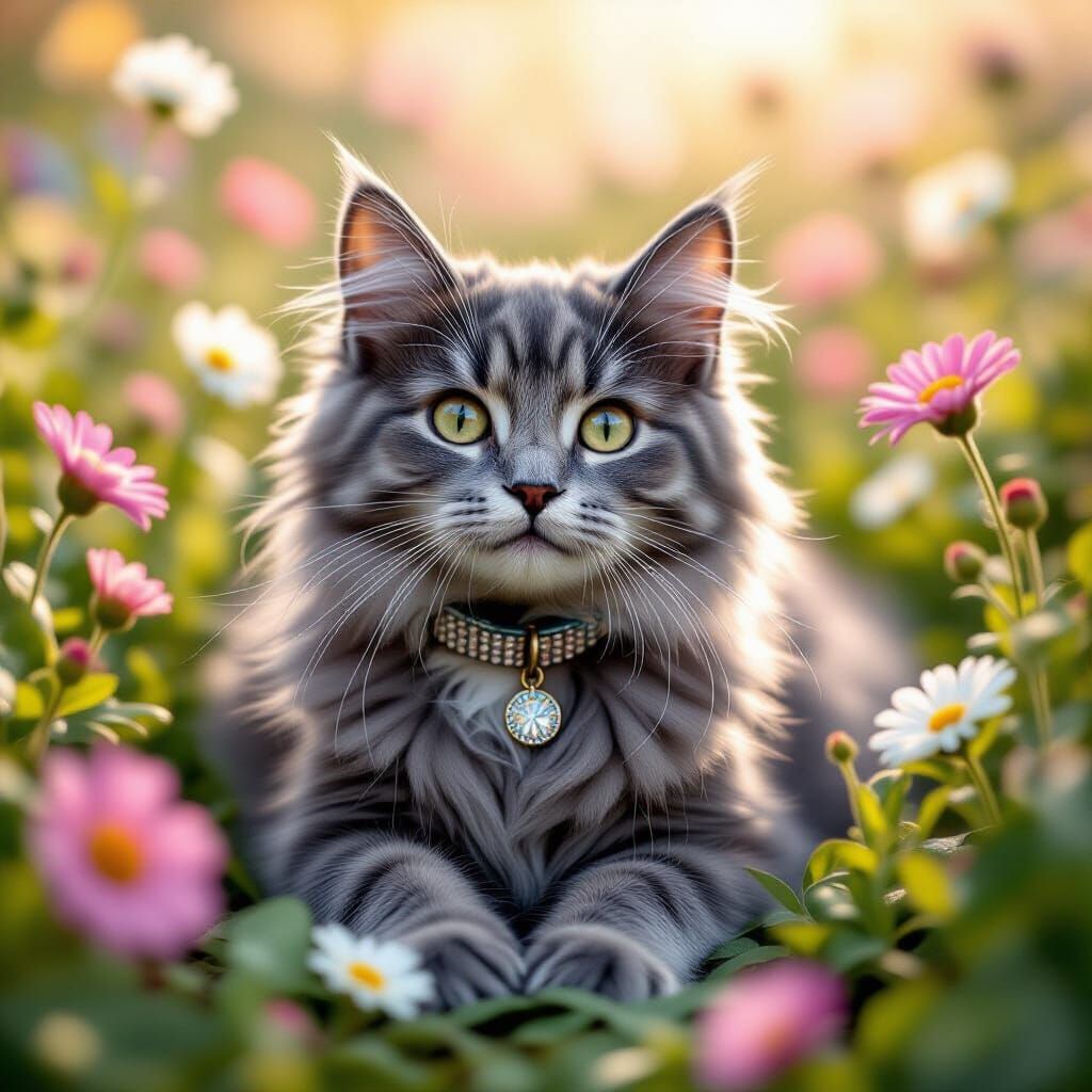Adorable Furry Cat in Dreamy Flower Garden