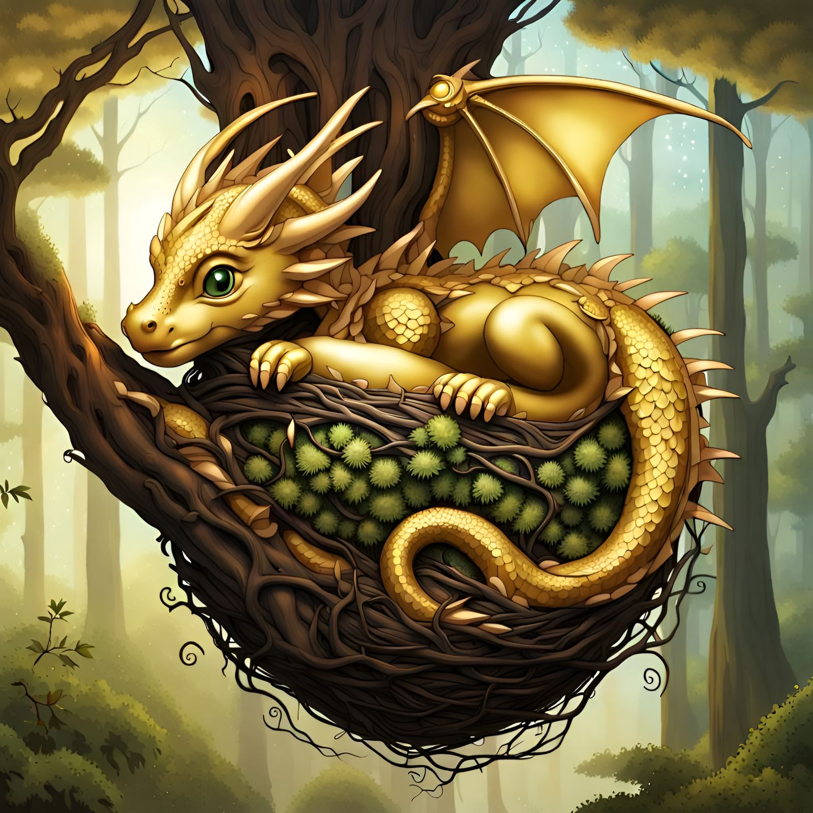 Sleeping Golden Mechanical Baby Dragon in Treetops