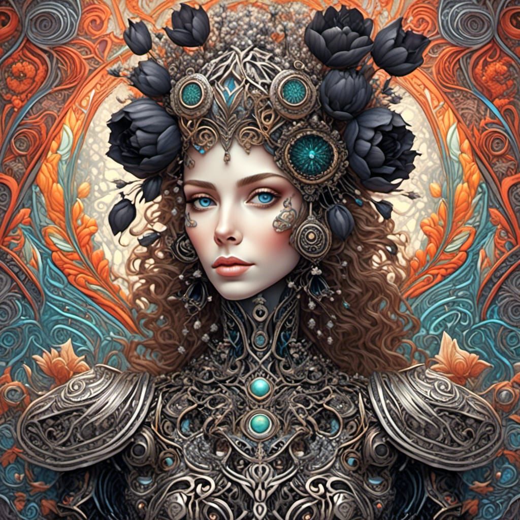 Robot Portrait with Black Tulip and Zentangle Background