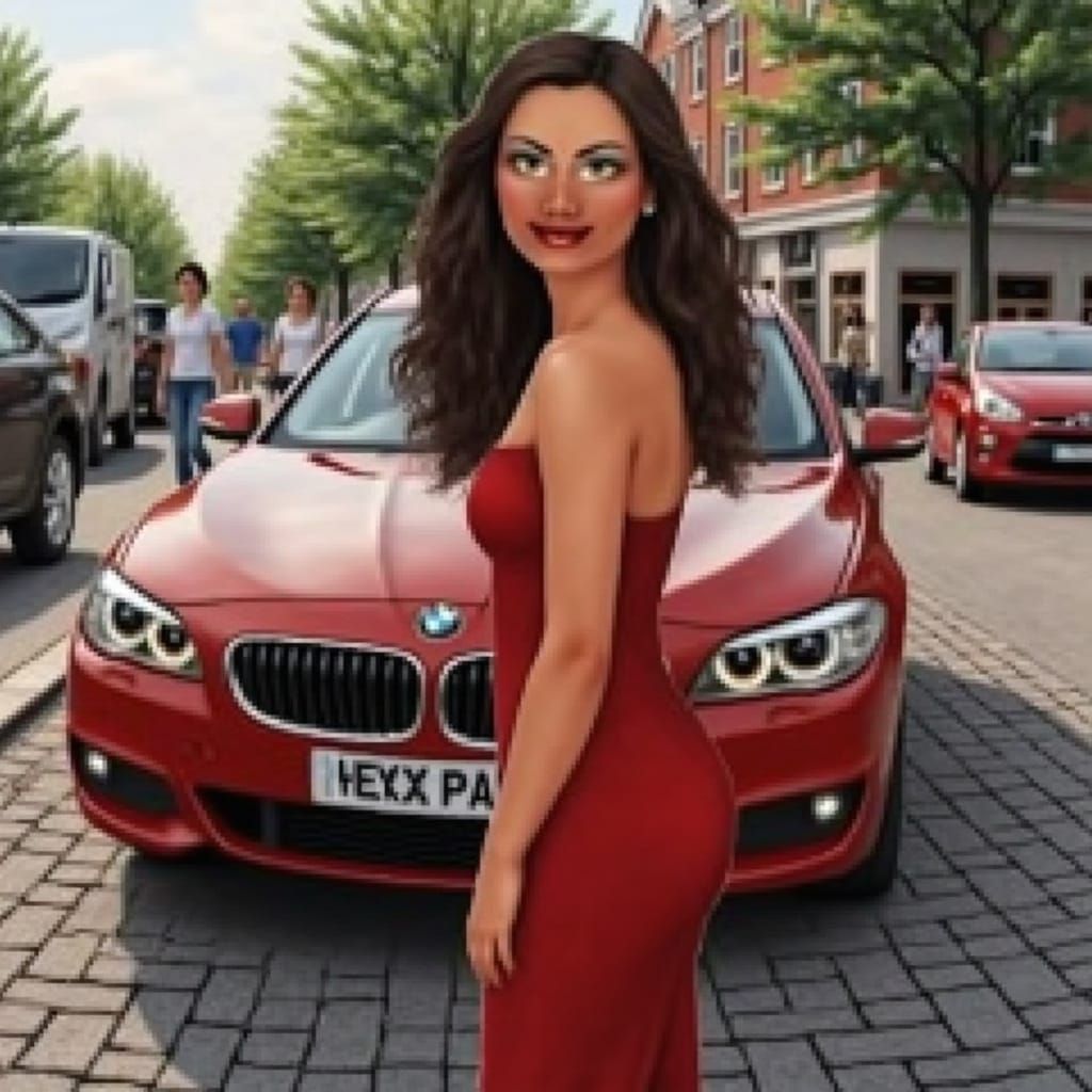 Faces of Joyful Woman Standing Behind Car in a Happy Scene