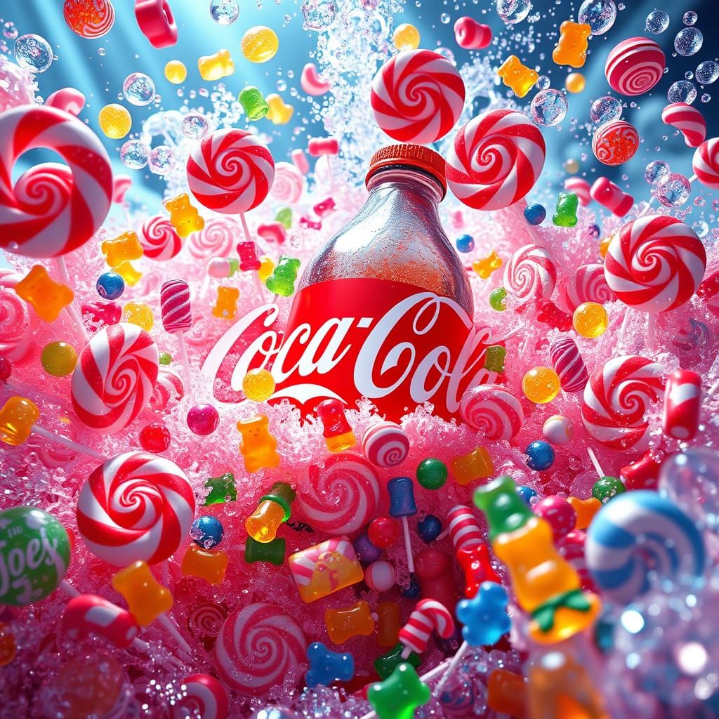 Vibrant 3D Anime Explosion of Coca-Cola Soda-Candy