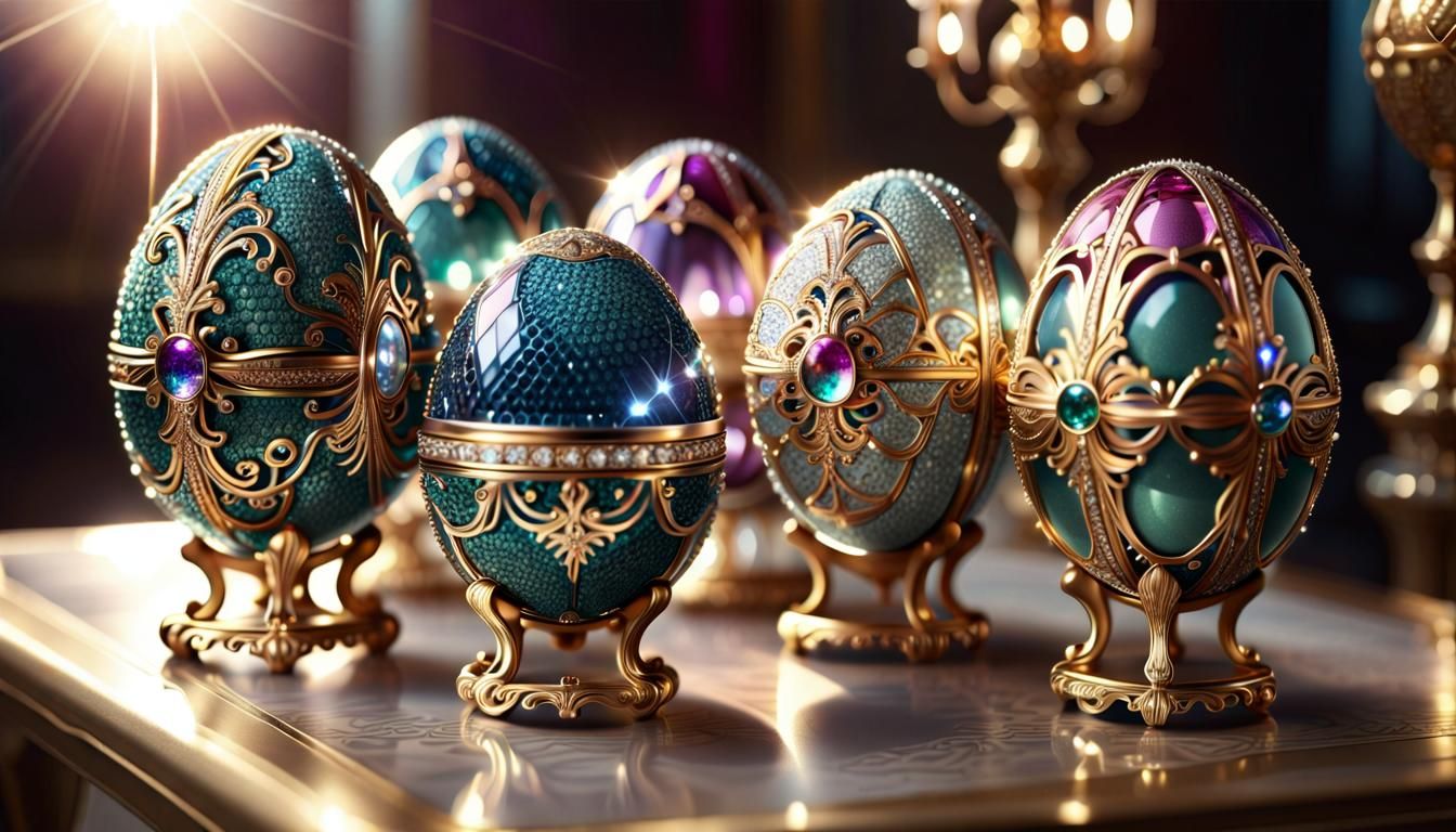 Exquisite Faberge Eggs with Diamond Filigree, Photorealistic