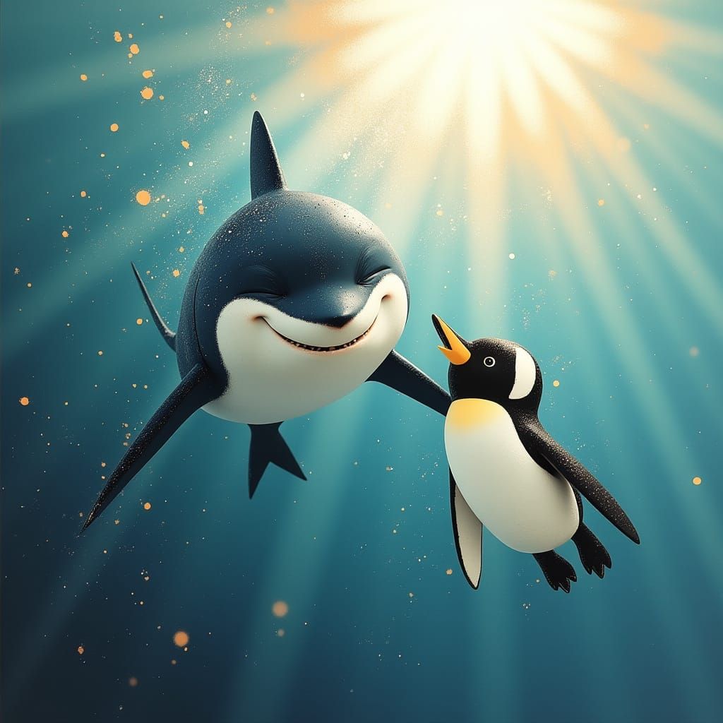 Shark and Penguin Friends Swimming Together in Pixar Style