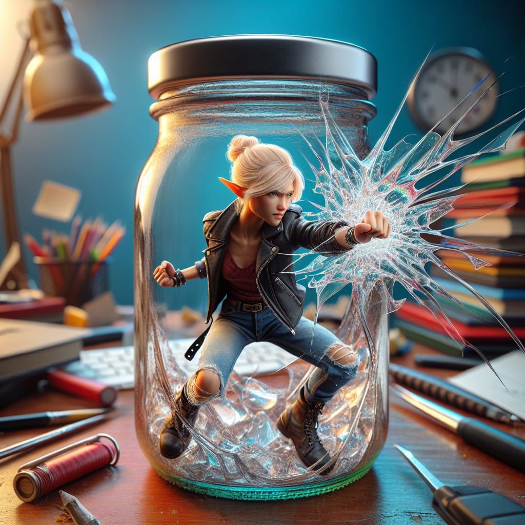 Elf Breaks Free from Glass Jar in Hyperrealistic Scene