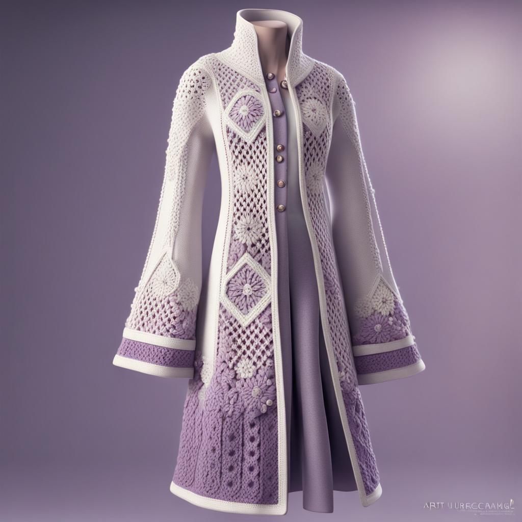 Elegant Knit and Crochet Coat in Lilac and White