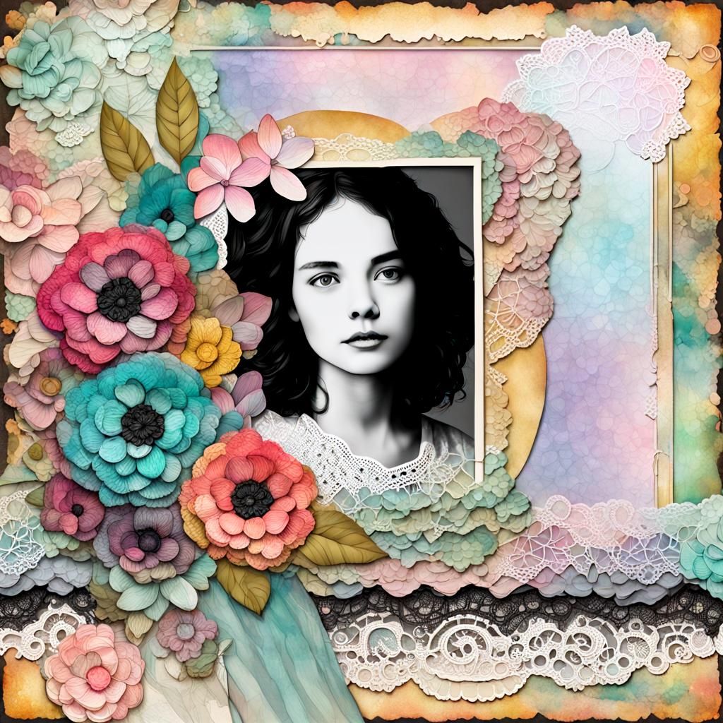 Layered Digital Scrapbook Page with Flowers in Grunge Style