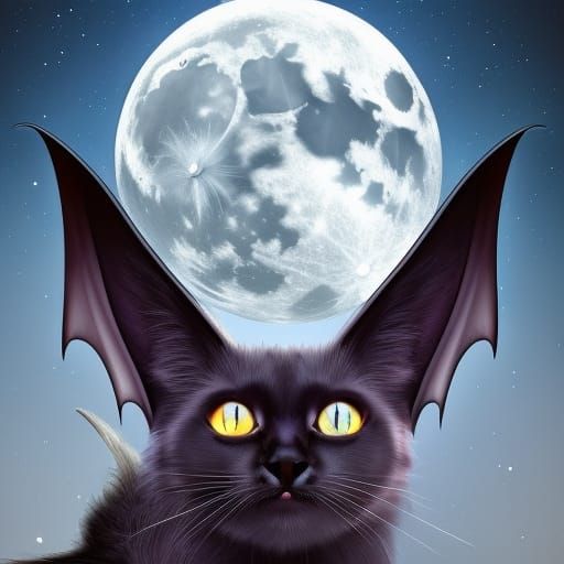 Fantasy Cat-Bat Hybrid Under Full Moon
