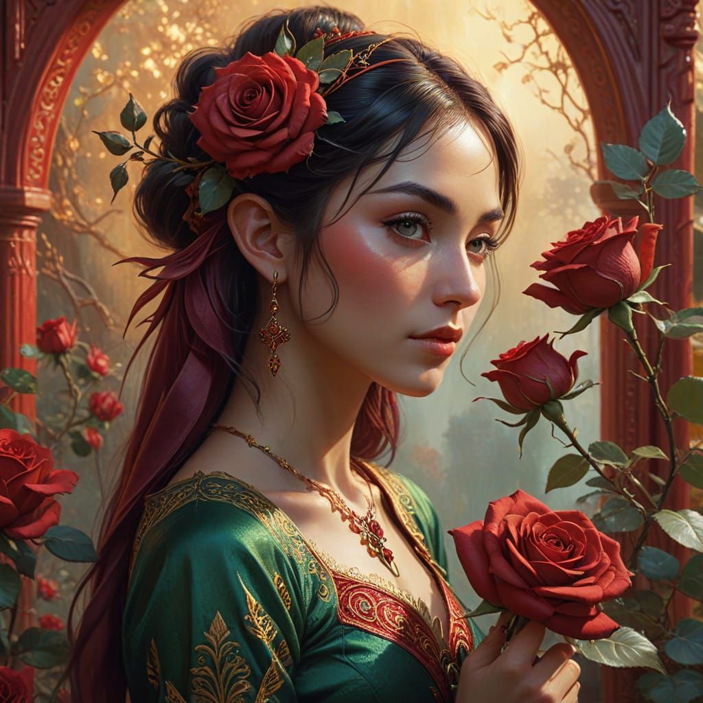 Elf with Maroon Roses in Japanese Painting Style