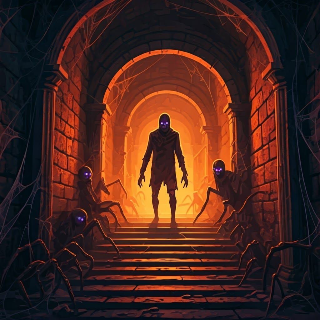Eerie Halloween: Spiders and Ghouls in a Dark Basement