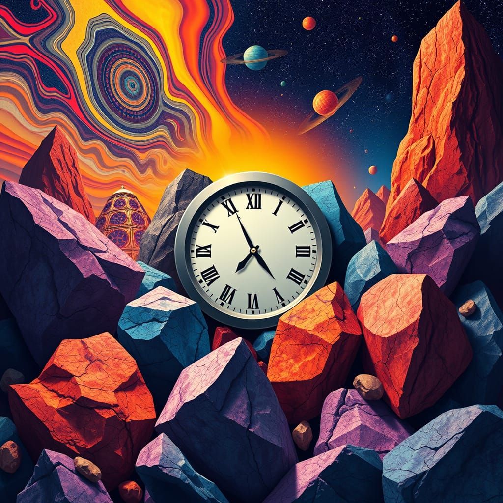 Surreal Clock Surrounded by Vibrant Rocks