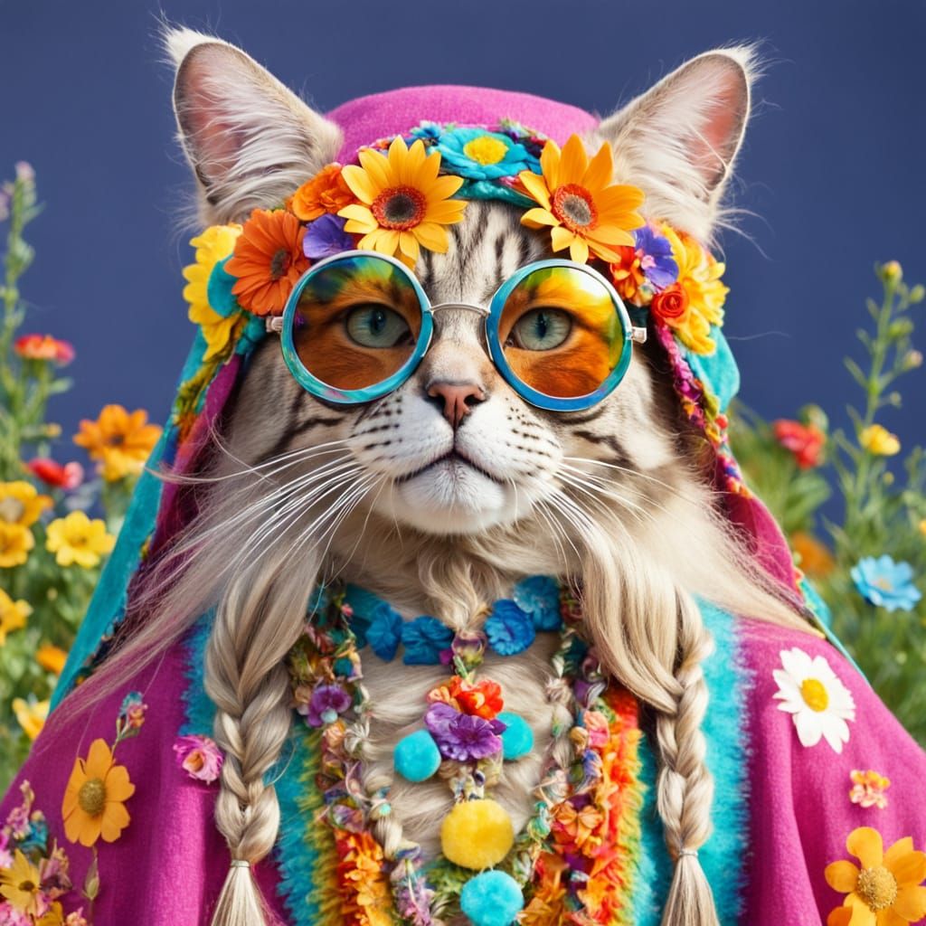 Hippie Cat with Sunglasses and Flower Crown