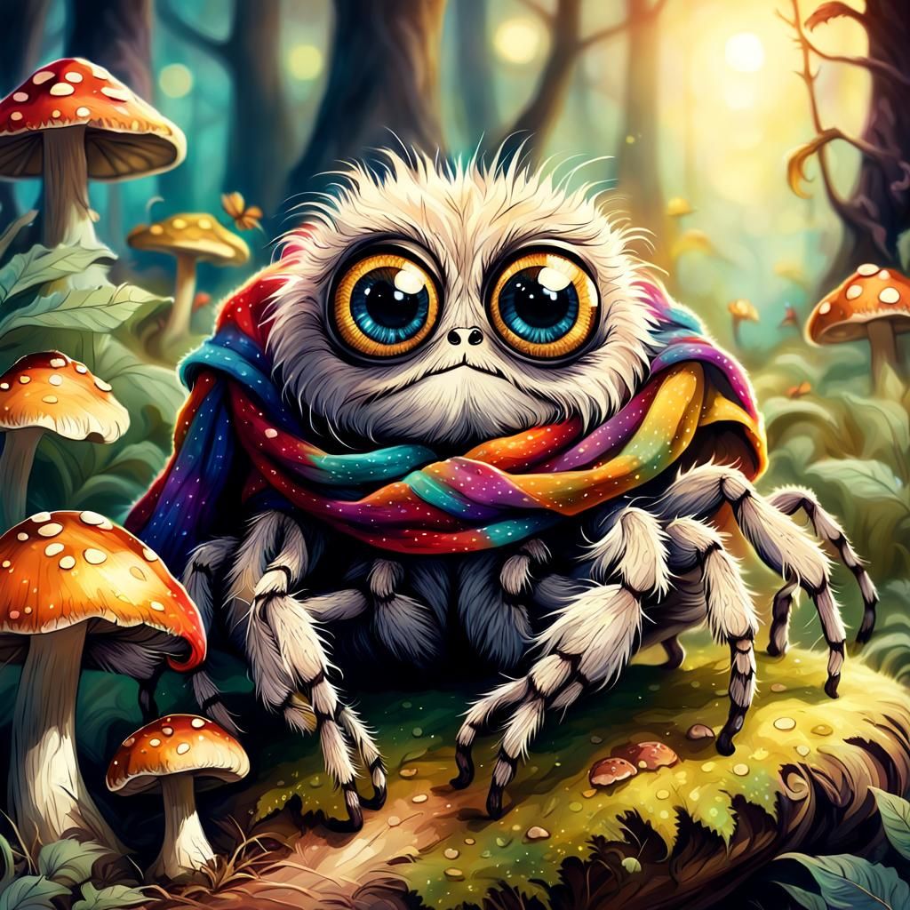 Cute Furry Spider on Mushroom, Whimsical Illustration