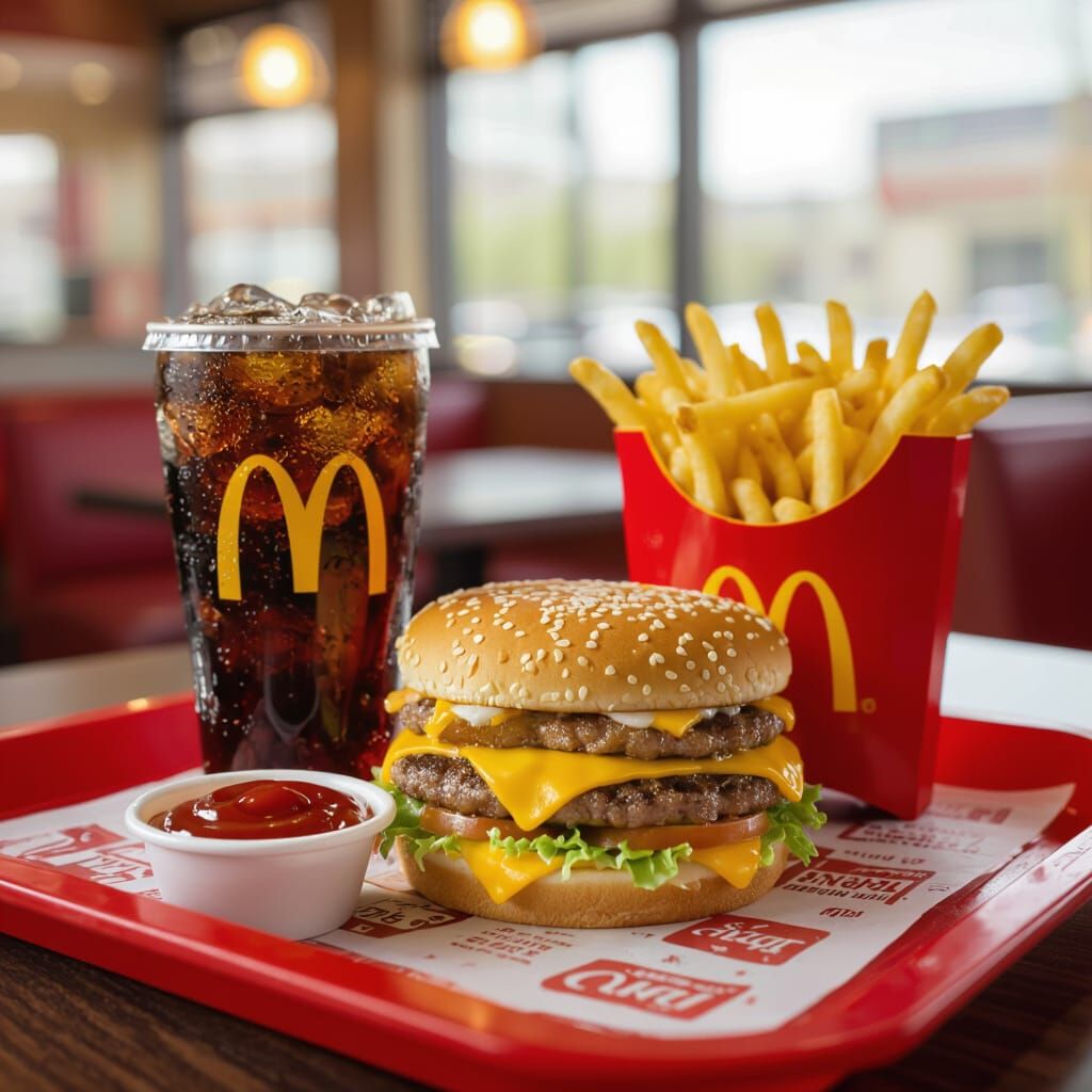 McDonald's Meal on Tray: Cheeseburger, Fries, Diet Coke