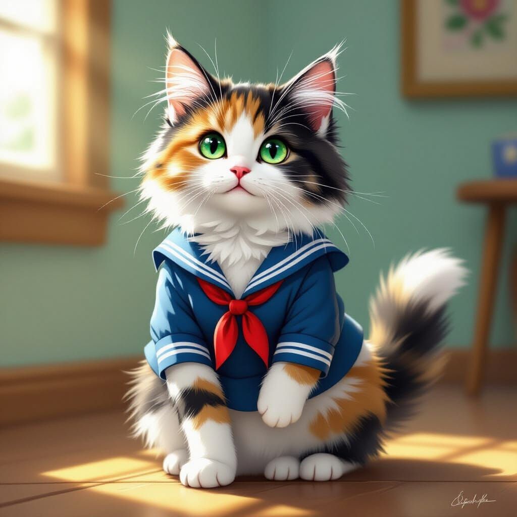 Fluffy Calico Cat in Sailor Outfit Standing Upright