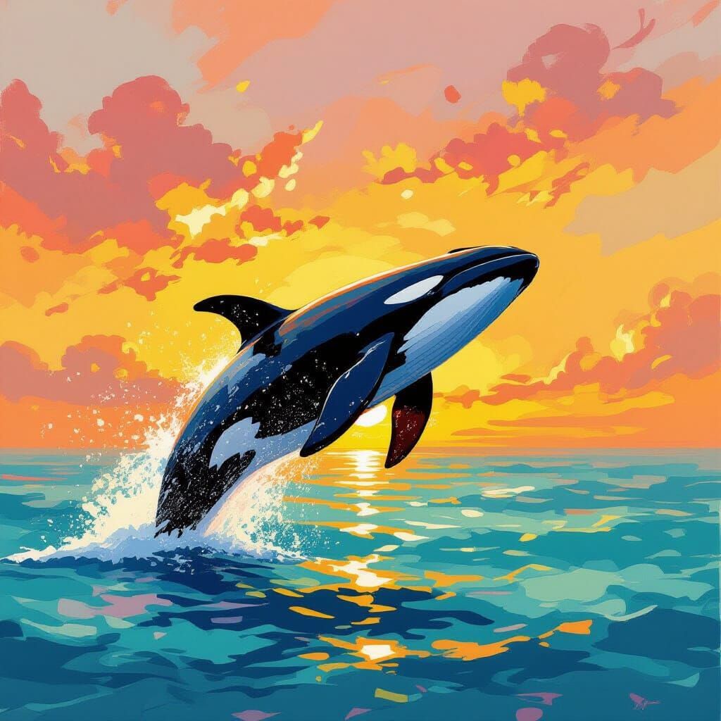 Whale Leaping from Ocean in Impressionist Style