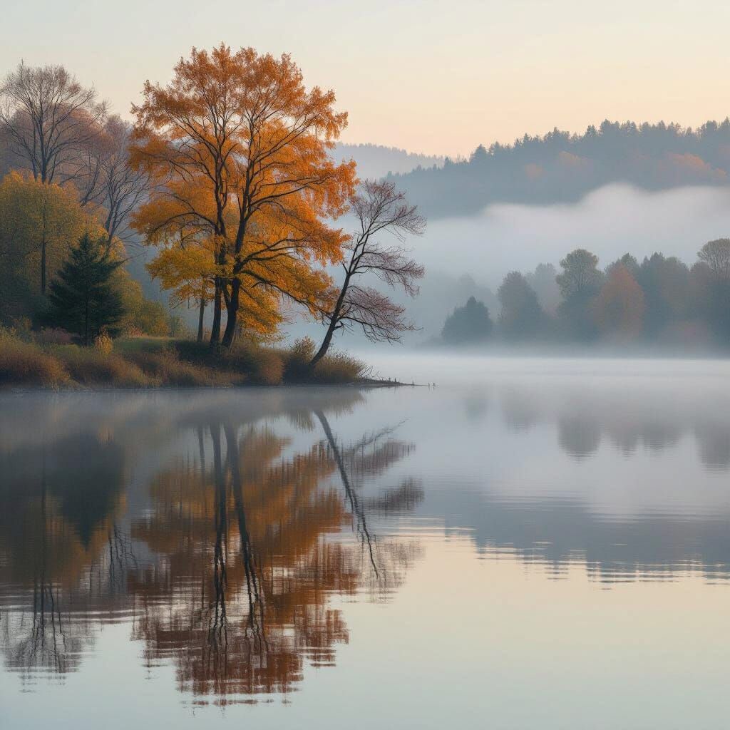 Autumn Lakeside Reflections in Impressionist Style