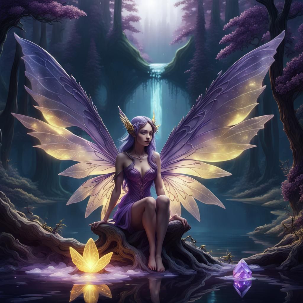 Fairy with Crystal Wings in Dark Forest, Fantasy Art