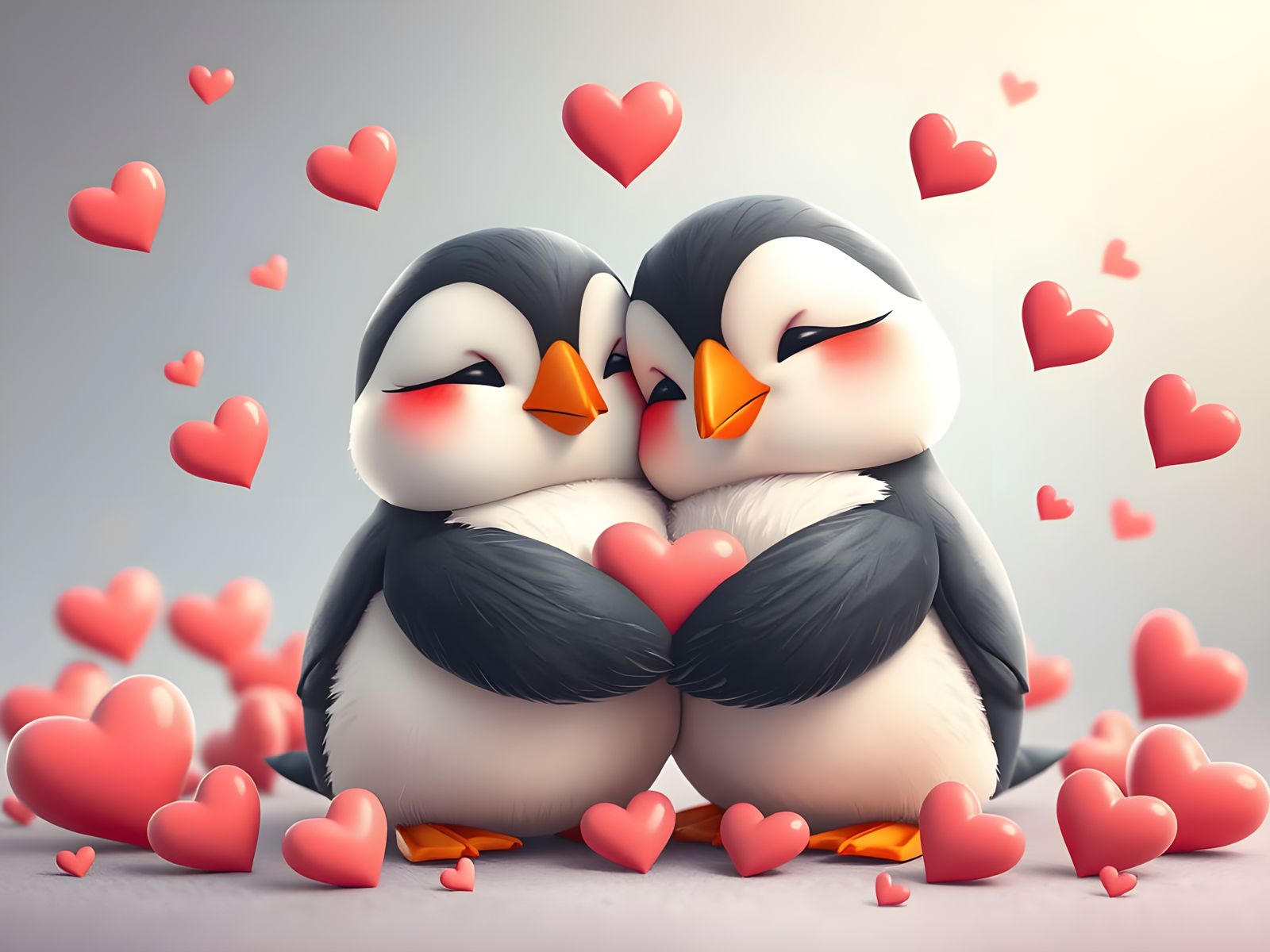 Adorable Chibi Puffin Couple in Pastel Hearts