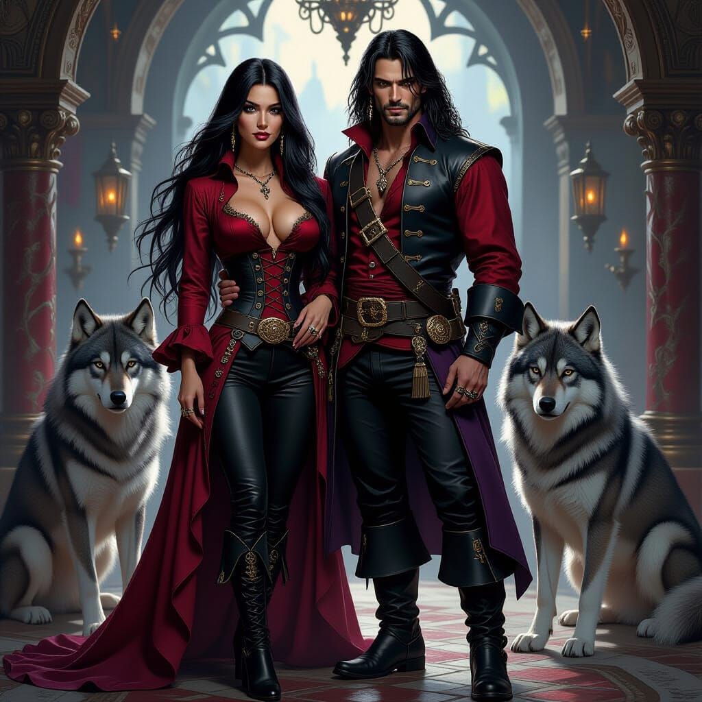 Gothic Fantasy Woman with Wolves and Vampire Husband