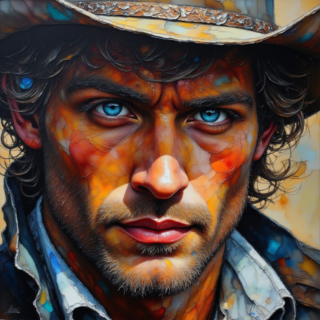 Cowboy Portrait in Impasto Style with Icy Blue Eyes
