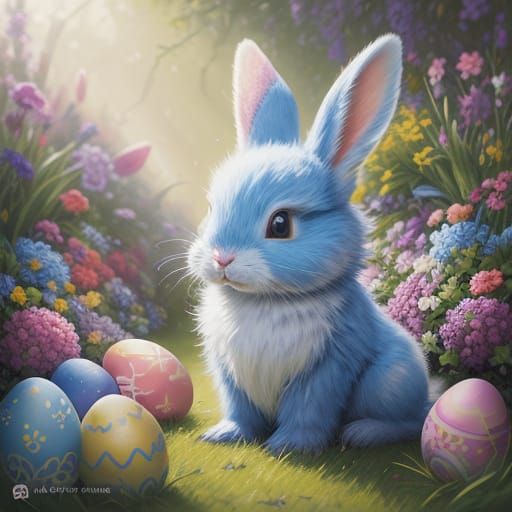 Surreal Easter Bunny Confronts Vibrant Garden of Wonder