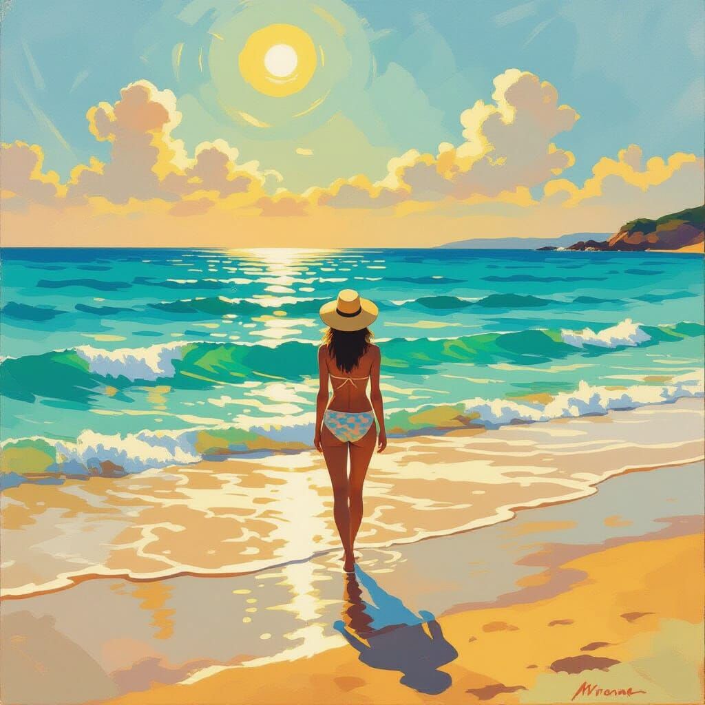 Lone Figure at Sunset in Impressionistic Style