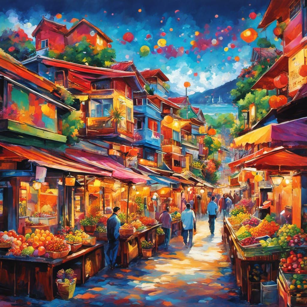 Vibrant Seaside Market in Japanese Graffiti Art Style