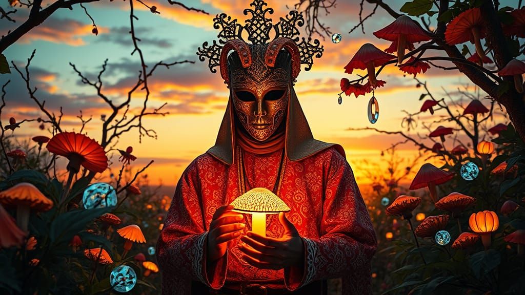 Surreal Shaman in Glowing Amanita Landscape