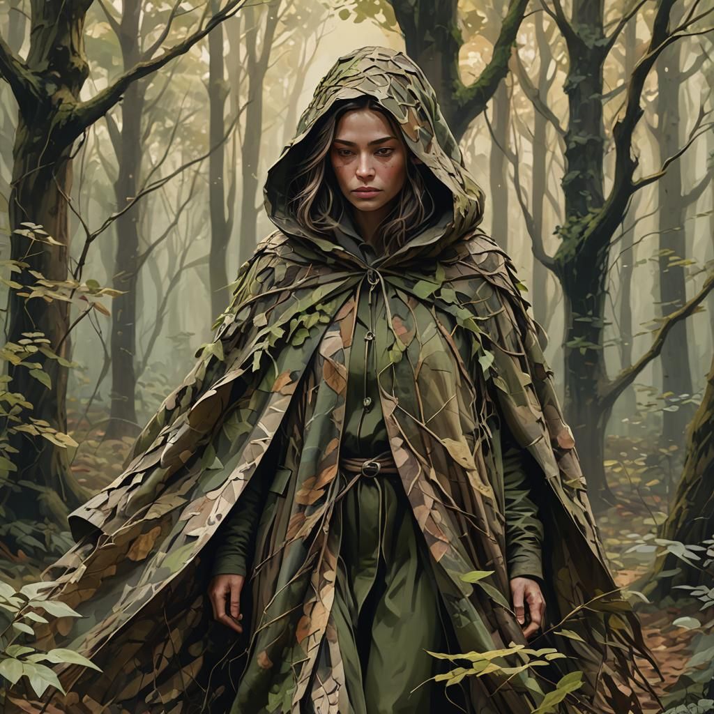 Woman in Forest Camouflage Cloak Concept Art