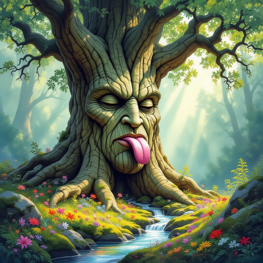 Ancient Face Tree with Tongue Out in Dreamlike Forest