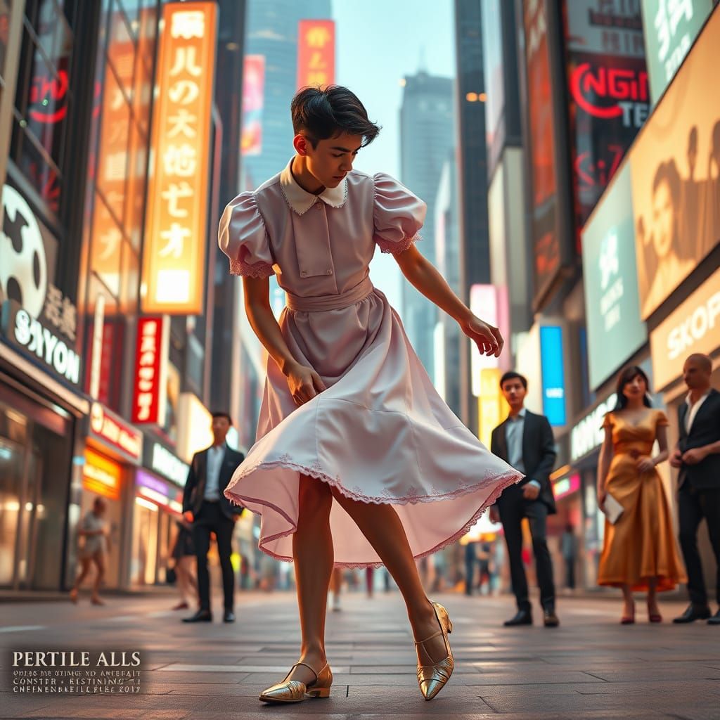 Young Man in Elegant Pink Dress in Futuristic City