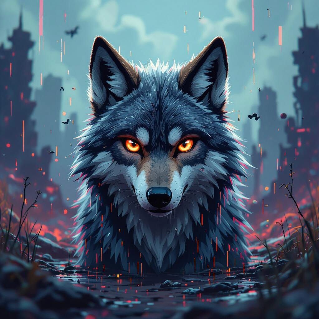 Anthropomorphic Wolf Glitch Art in Disney/Pixar Style