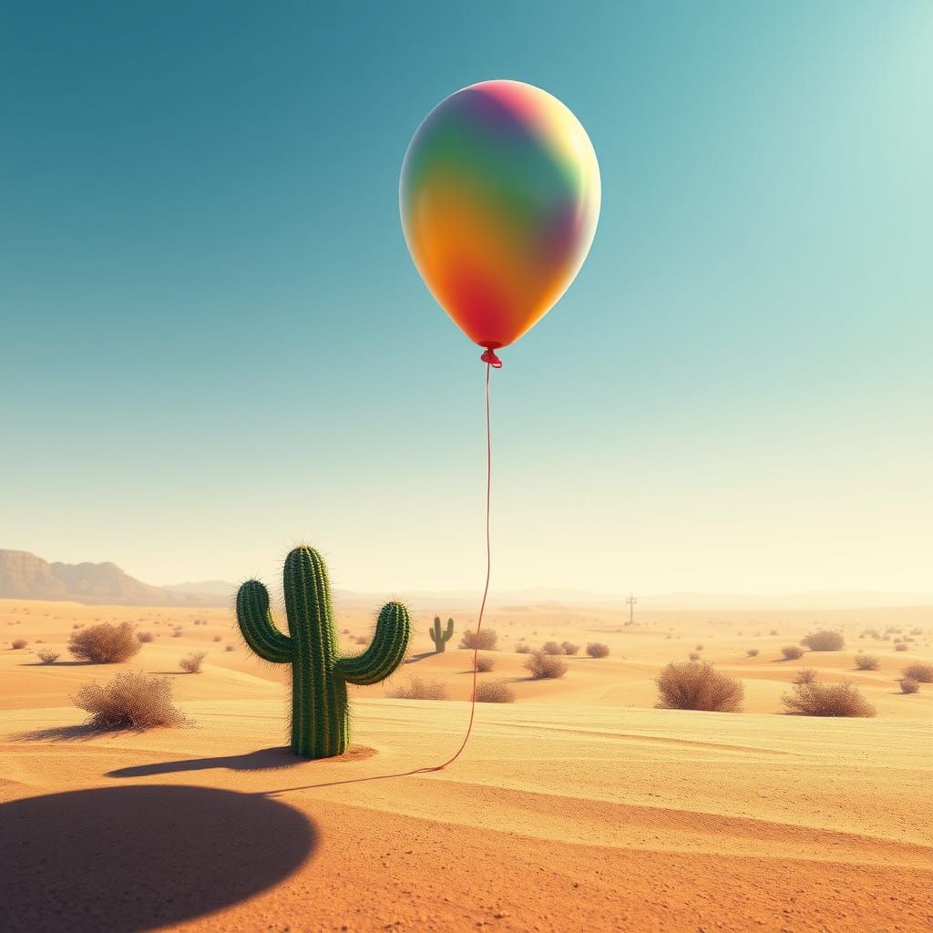 Balloon and Cactus Journey in a Surreal Desert