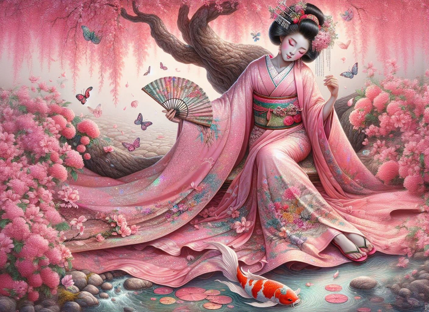 Geisha in Silk Kimono by Cherry Blossom Tree