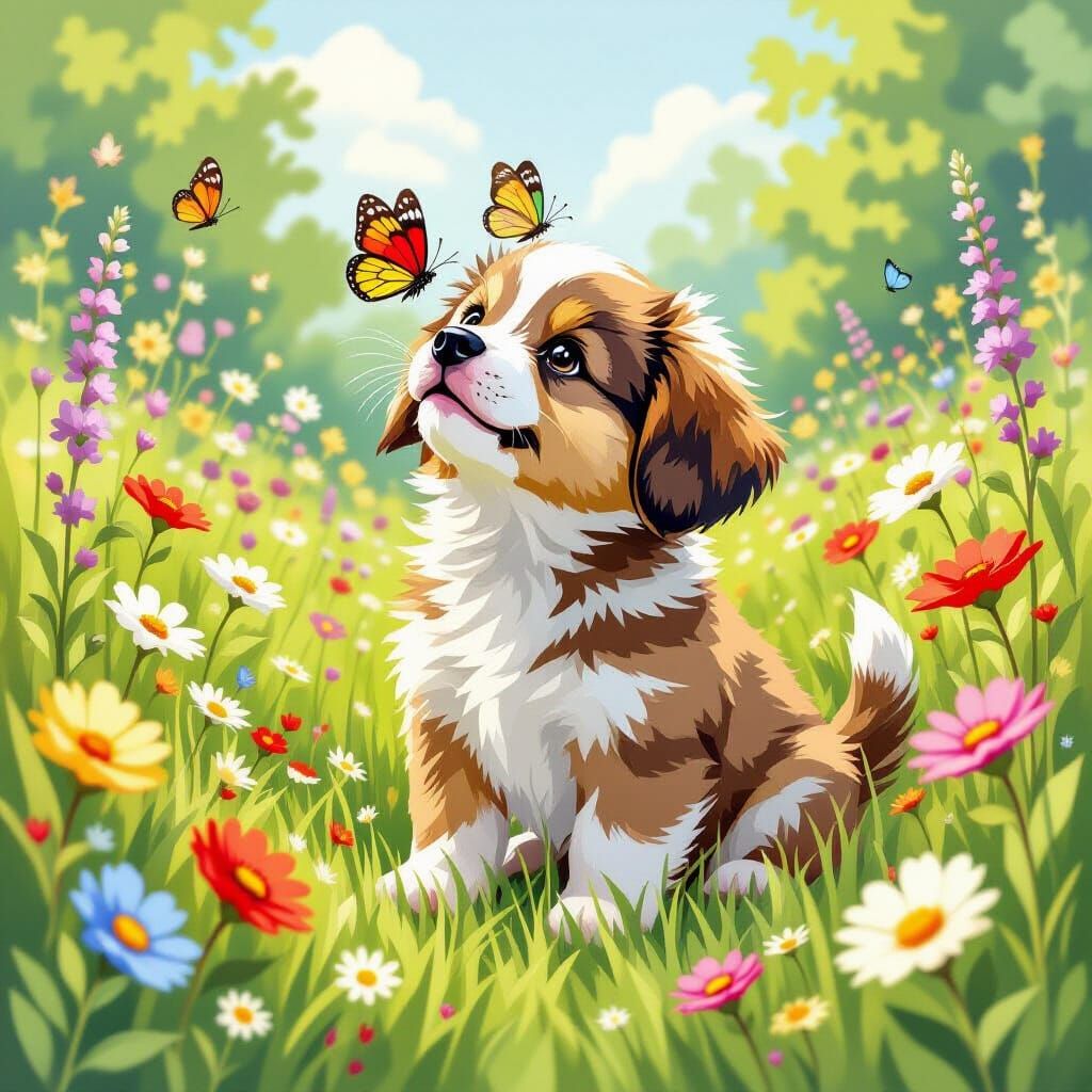 Puppy's Butterfly Kisses in Lush Flower Meadow