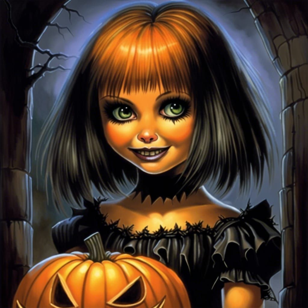 Goth Girl's Spooky Jack-O-Lantern, Airbrush Art