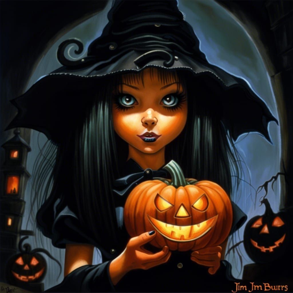 Goth Girl's Spooky Jack-O-Lantern, Horror Art