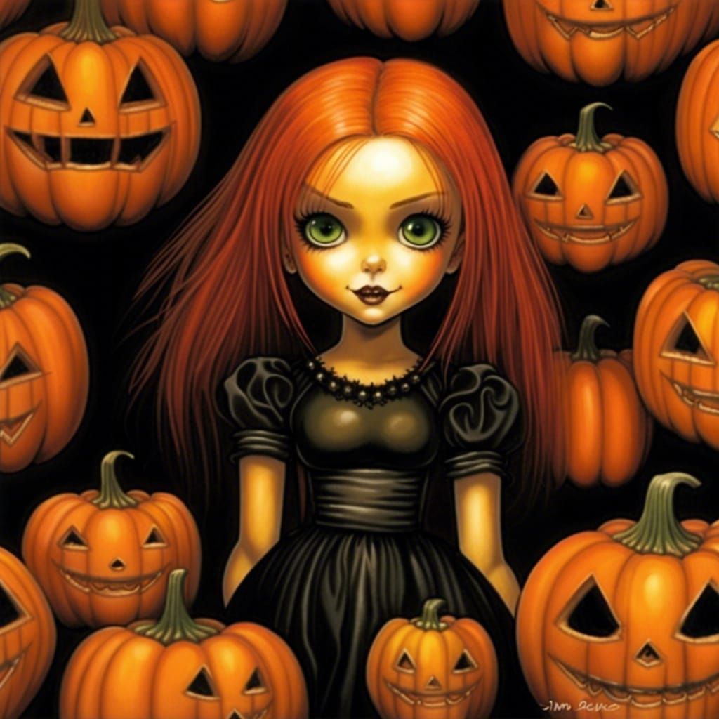 Goth Girl's Spooky Jack-O-Lantern, Dark Fantasy Art