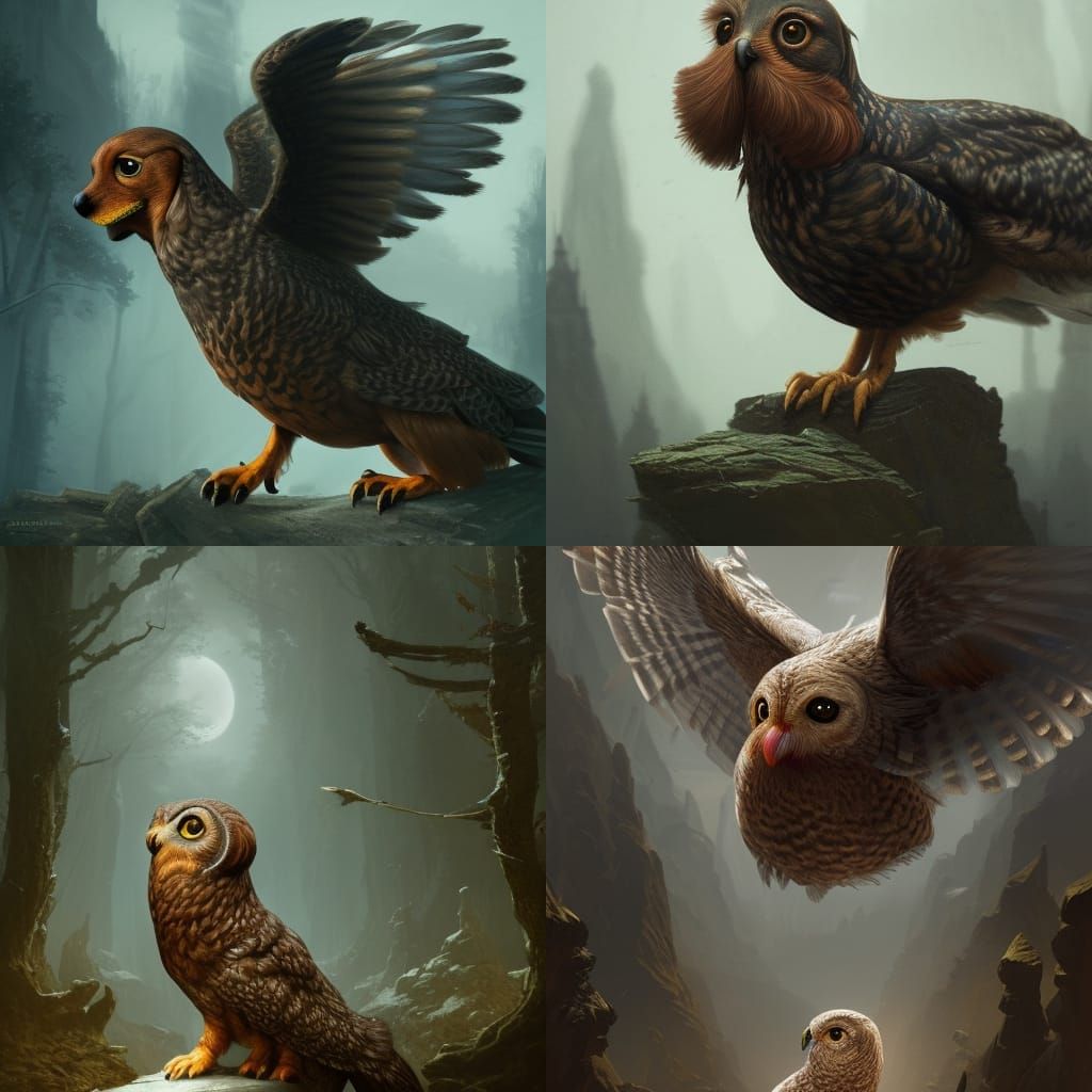Dachshund Owl in Dark Fantasy Style