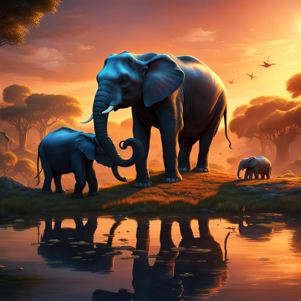 Elephants at Sunset: Detailed Matte Painting