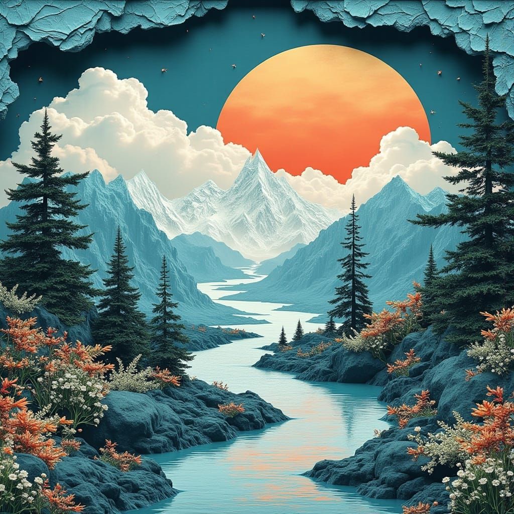 Ethereal Paper Cutout Realm with Wispy Trees and Silvery Riv...