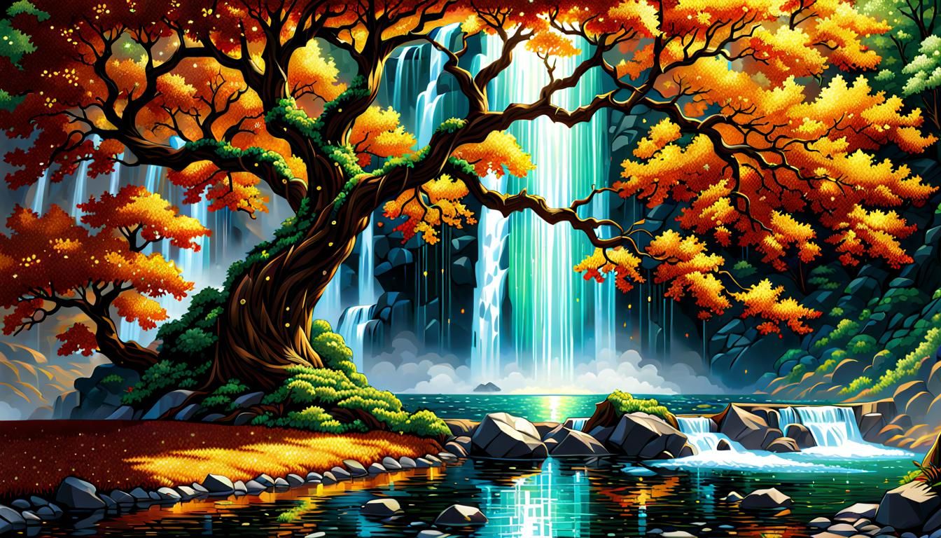 Gemstone Mosaic Waterfall in Comic Book Style