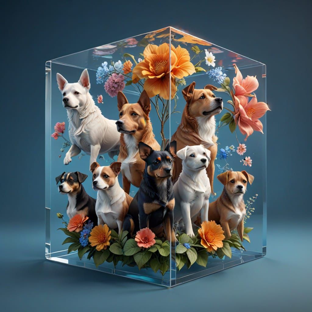 A captivating digital artwork depicts various vibrant dogs a...