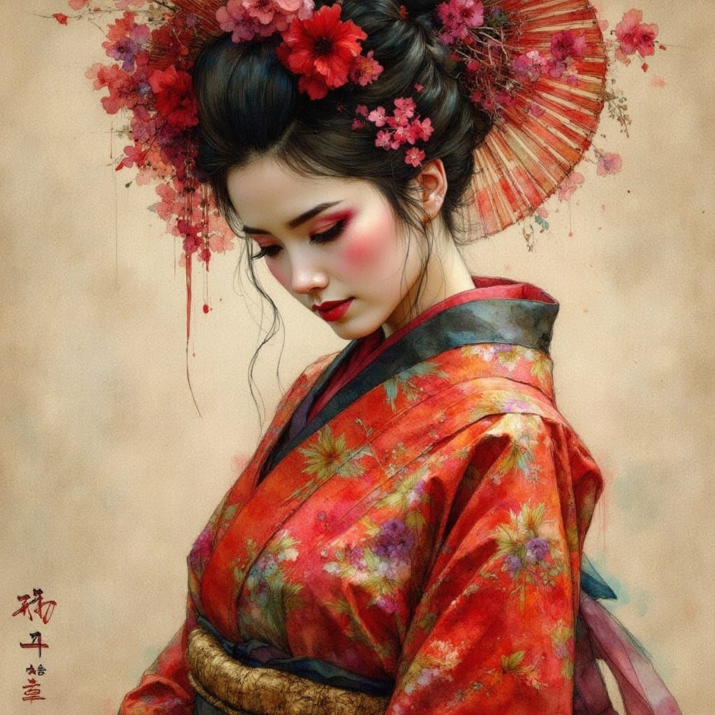 Geisha in Dark Fantasy Watercolor Style