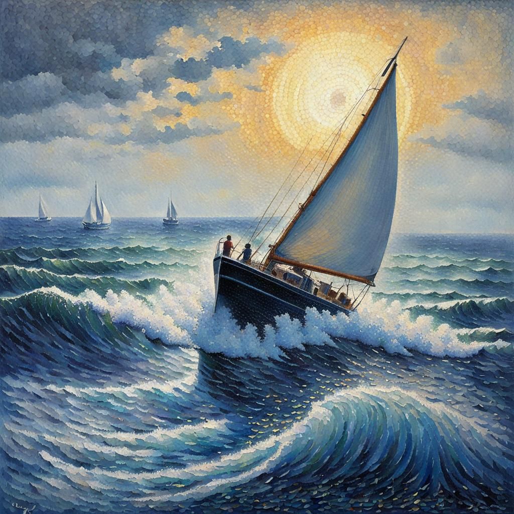 Seascape in Pointillism Style with Stormy Weather