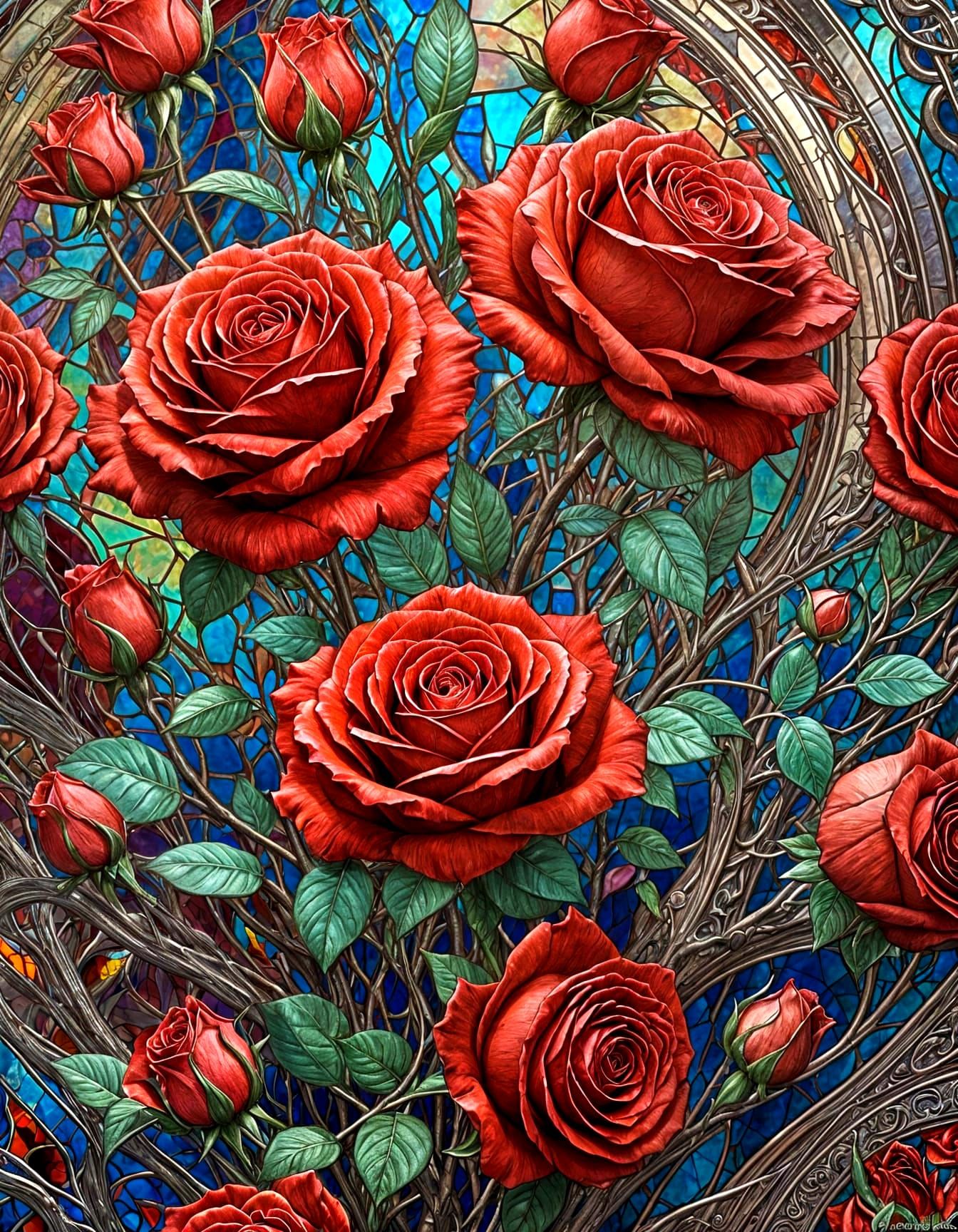 Magical Roses Flowing in Liquid: Stained Glass Art