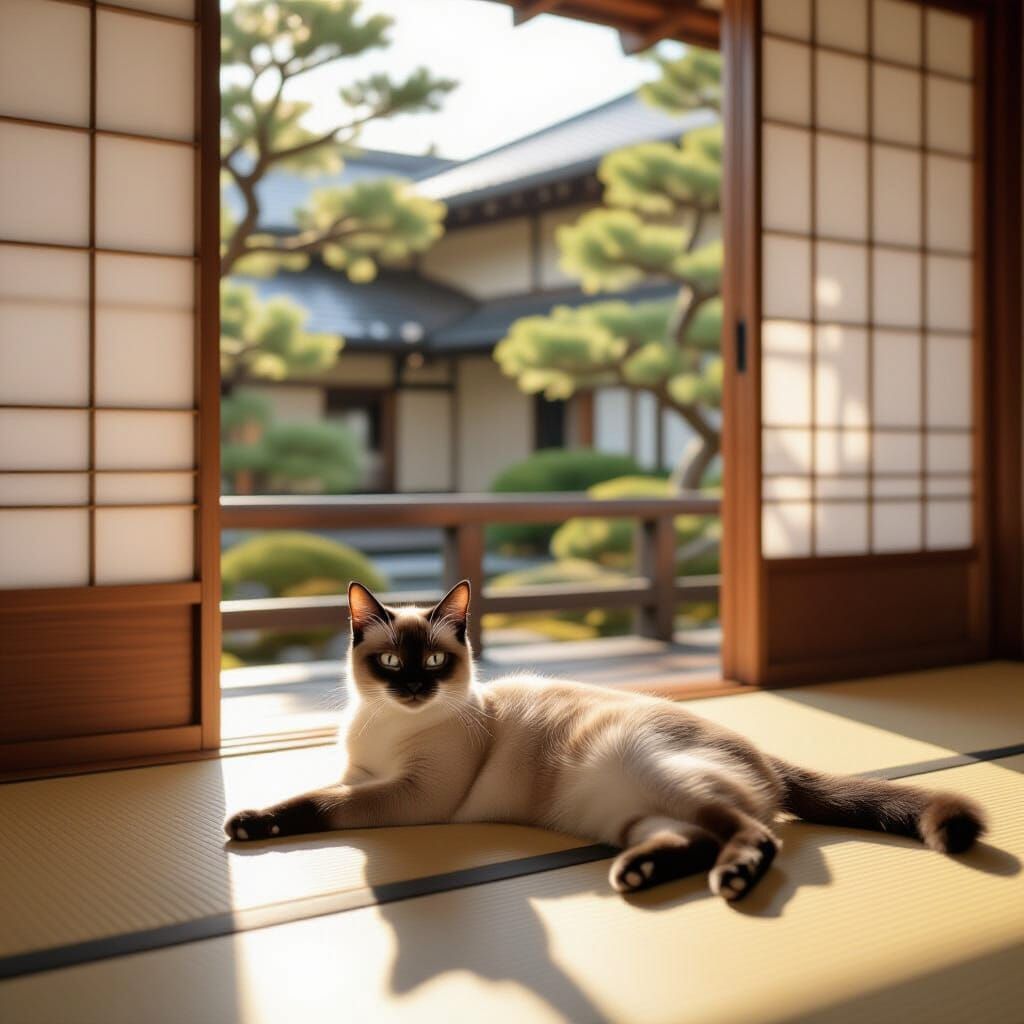 Siamese Cat Sunbathing in Japanese Home