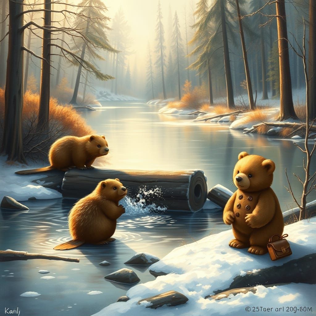 Serene Autumn Forest Scene with Busy Beavers and Teddy Bear