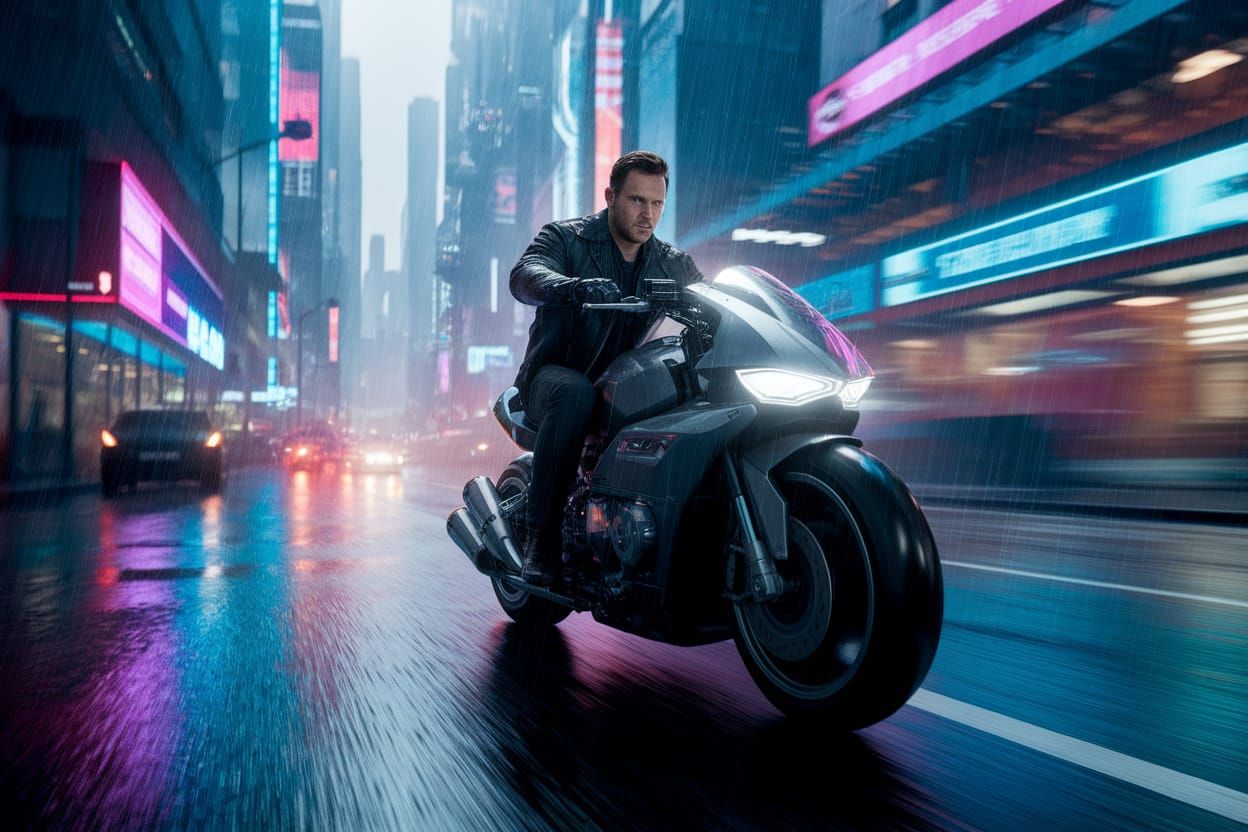 Chris Pratt riding a futuristic motorcycle through a neon-lit cyberpunk city