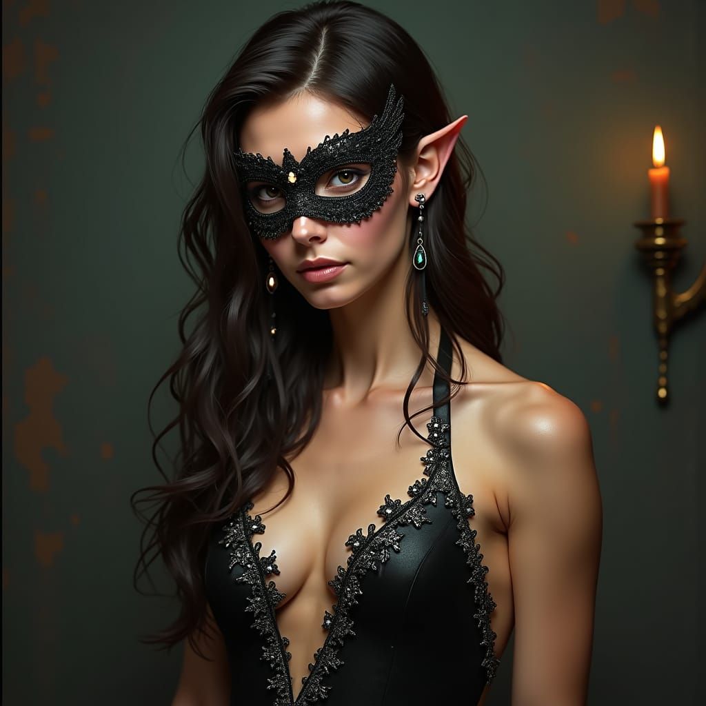 Half-Elf Rogue in Sleek Masquerade Gown